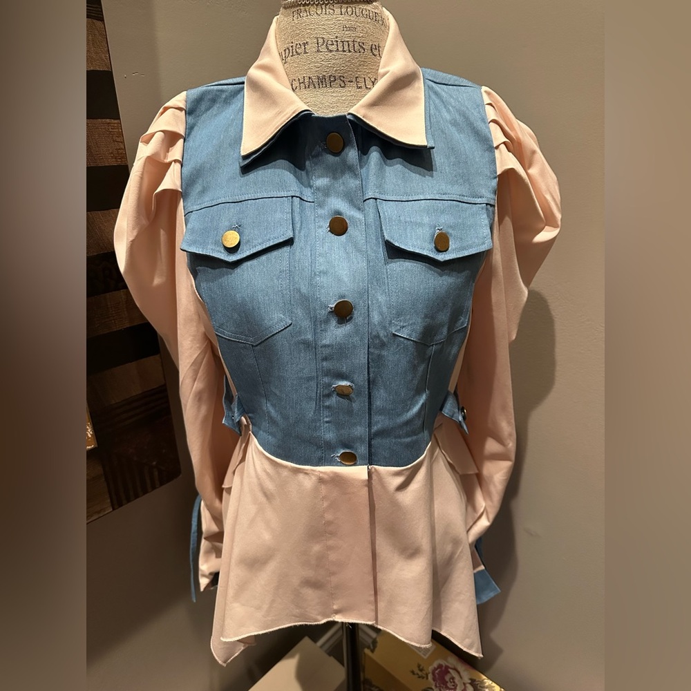 Two-Tone Blue and Blush Puff-Sleeve Peplum Blouse